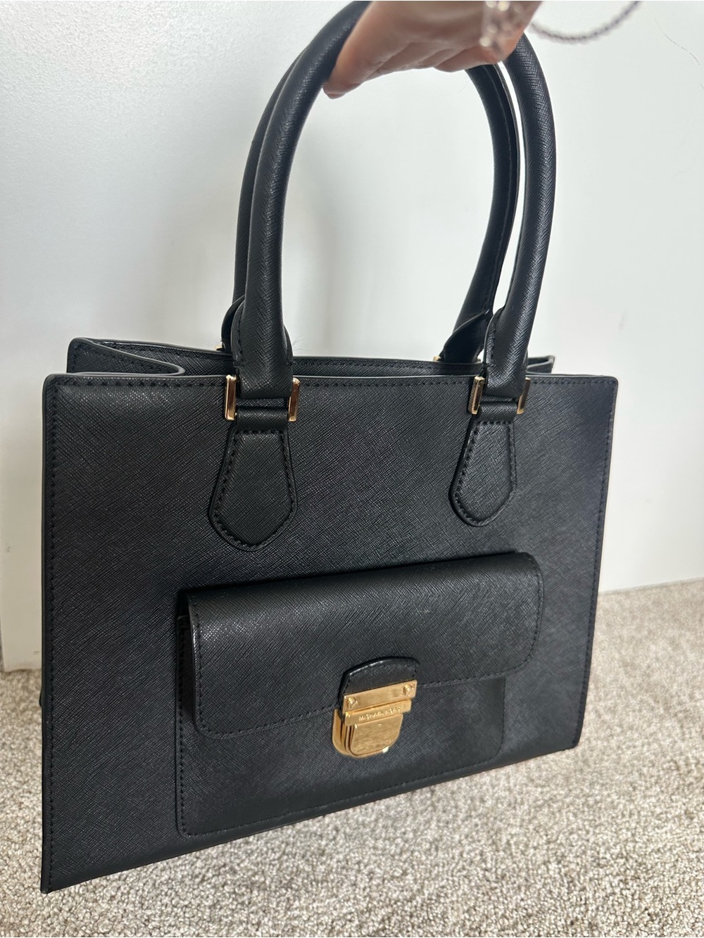 Michael Kors Black Saffiano Leather Top-Handle Satchel with Gold Hardware